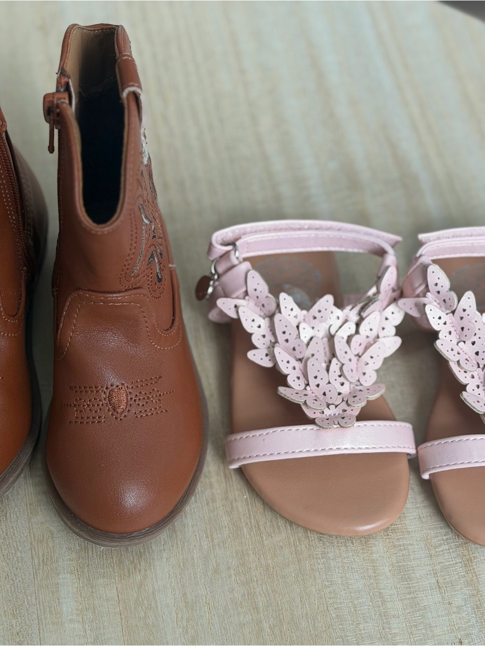 Kids Brown Ankle Boots with Pink Butterfly Sandals Set